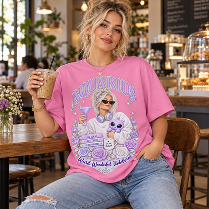 Aquarius Weird Wonderful Unbothered Women's T-Shirt – Light Colours, model wearing the original design in a cosy stylish coffee shop indoors.