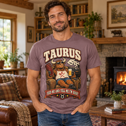 Taurus Feed Me and Tell Me I'm Right Men's T-Shirt in Paragon, model inside a cosy book-filled cottage living room