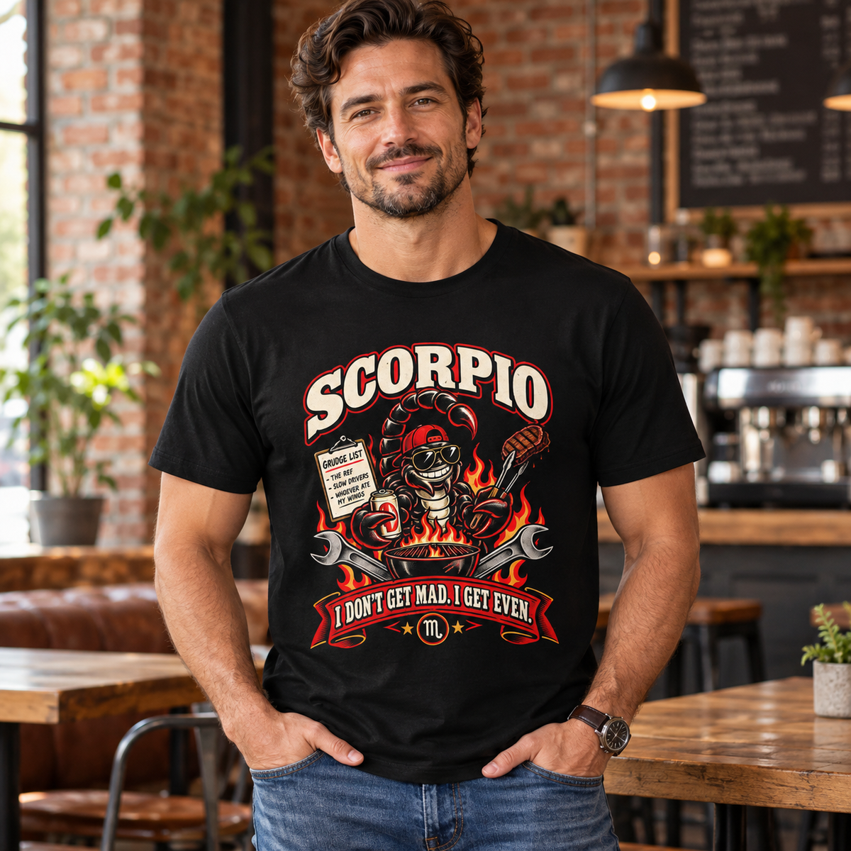 Scorpio I Don't Get Mad I Get Even Men's T-Shirt in Black, model indoors in a relaxed brick coffee shop