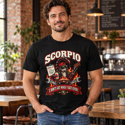 Scorpio I Don't Get Mad I Get Even Men's T-Shirt in Black, model indoors in a relaxed brick coffee shop
