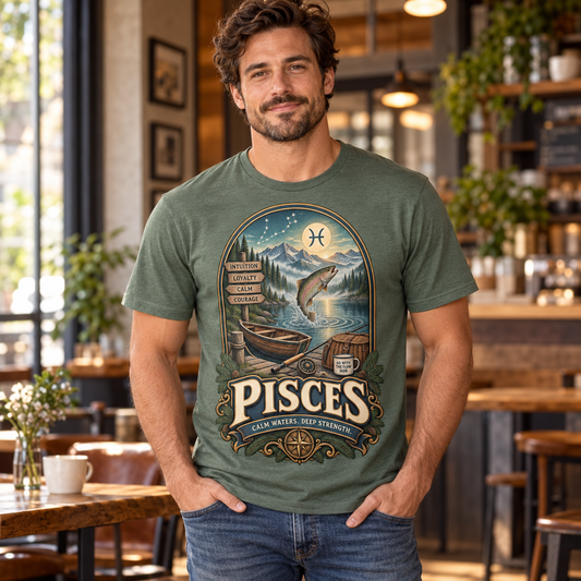 Pisces Calm Waters Deep Strength Men's T-Shirt in Heather Military Green, model indoors in a warm stylish cafe