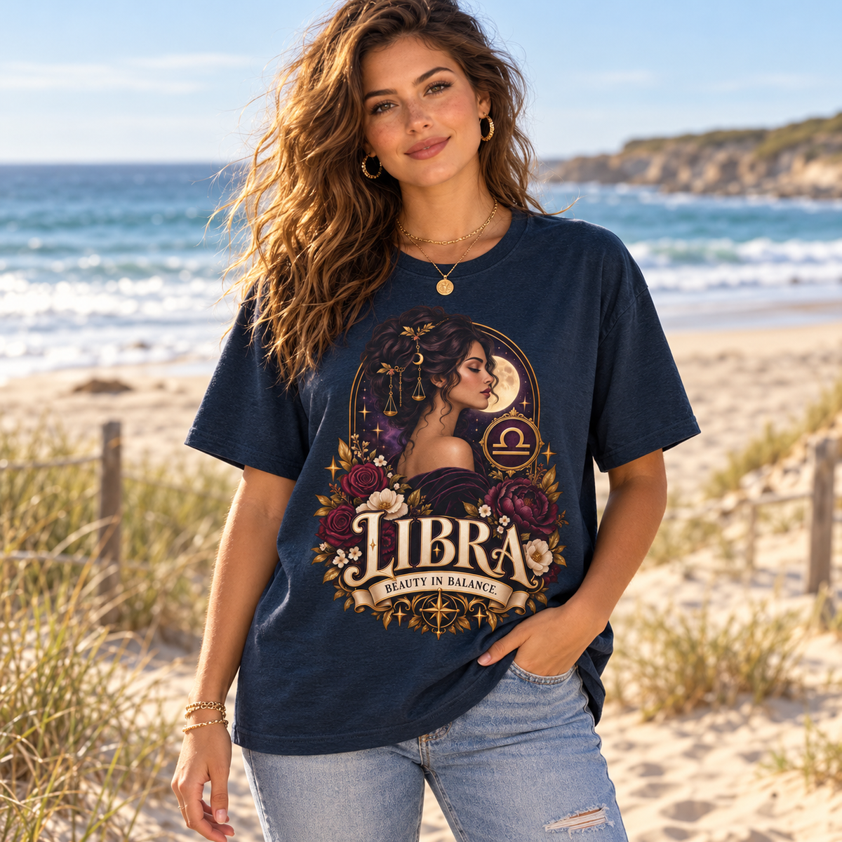Libra Beauty in Balance Women's T-Shirt – Dark in Heather Navy, model at a sandy beach with sea and dunes