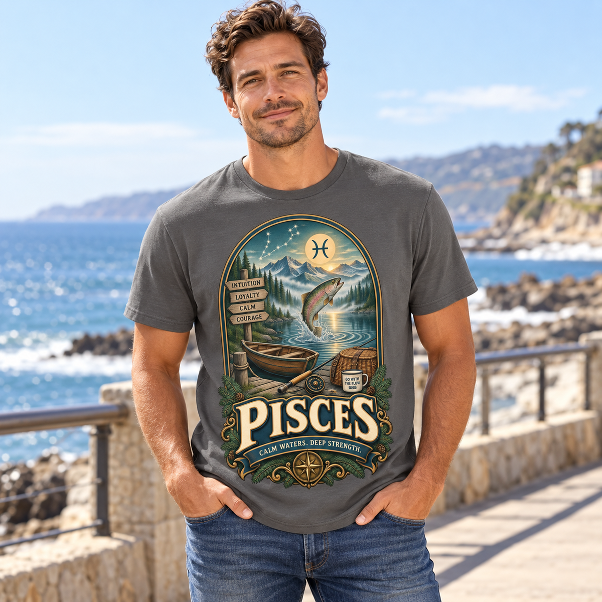 Pisces Calm Waters Deep Strength Men's T-Shirt in Charcoal, model outdoors on a seaside promenade