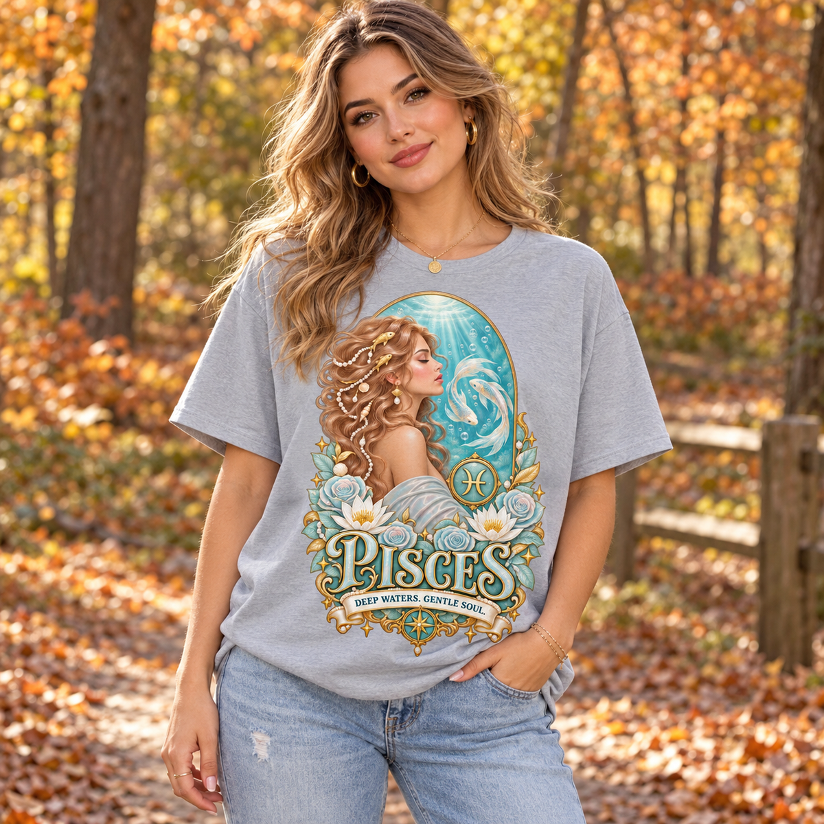 Pisces Deep Waters Gentle Soul Women's T-Shirt – Light in Sports Grey, model outdoors in an autumn woodland park