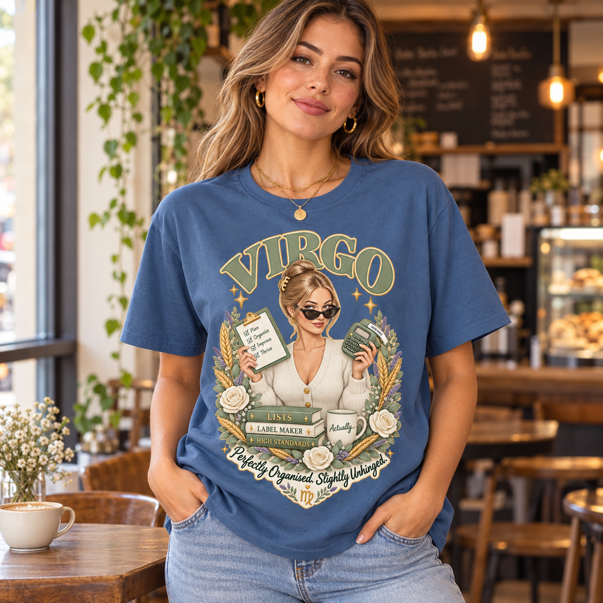 Virgo Perfectly Organised Women's T-Shirt – Sage & Cream in Indigo, model inside a stylish warm independent cafe beside a window