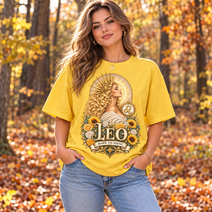 Leo Born to Shine Women's T-Shirt – Light in Daisy, model outdoors in an autumn woodland park