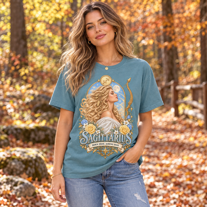 Sagittarius Born Free Aiming High Women's T-Shirt – Light in Stone Blue, model outdoors in an autumn woodland park