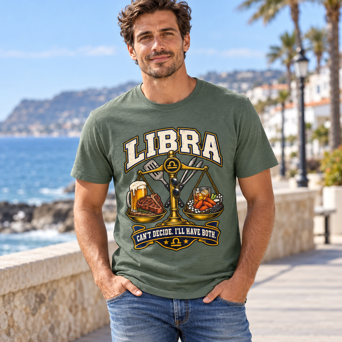 Libra Can't Decide I'll Have Both Men's T-Shirt in Heather Military Green, model outdoors on a seaside promenade