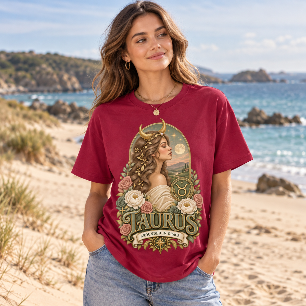 Taurus Grounded in Grace Women's T-Shirt – Light in Antique Cherry, model walking on a sandy Channel Islands beach with dunes and sea