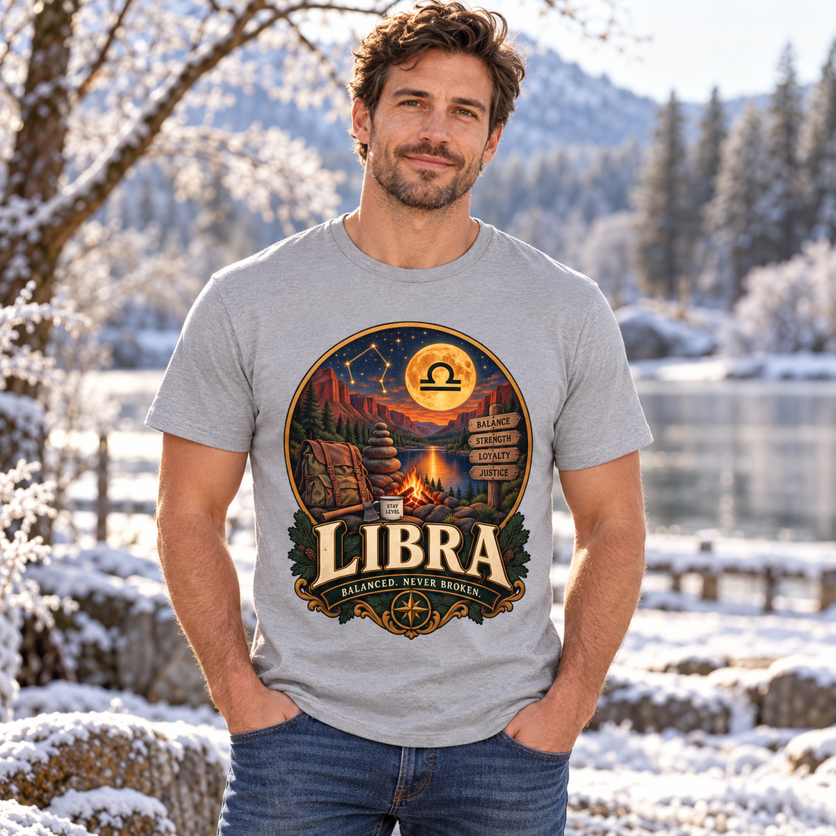Libra Balanced Never Broken Men's T-Shirt in Sports Grey, model outdoors in a wintry park with soft frost