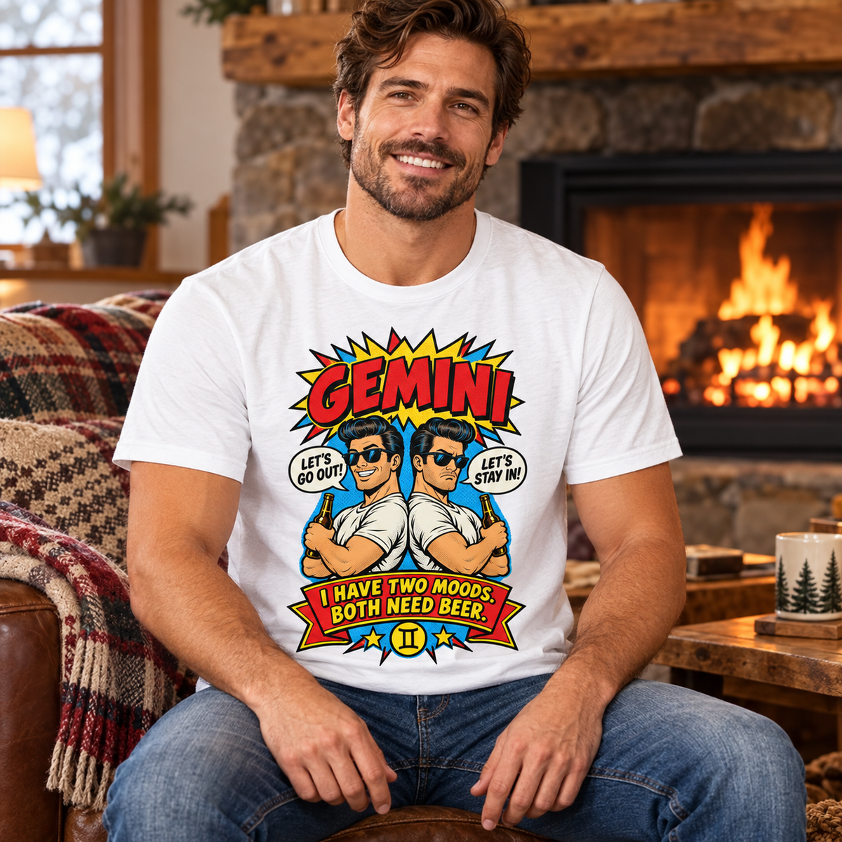 Gemini Two Moods Both Need Beer Men's T-Shirt in White, model inside a cosy cottage seated beside a fireplace