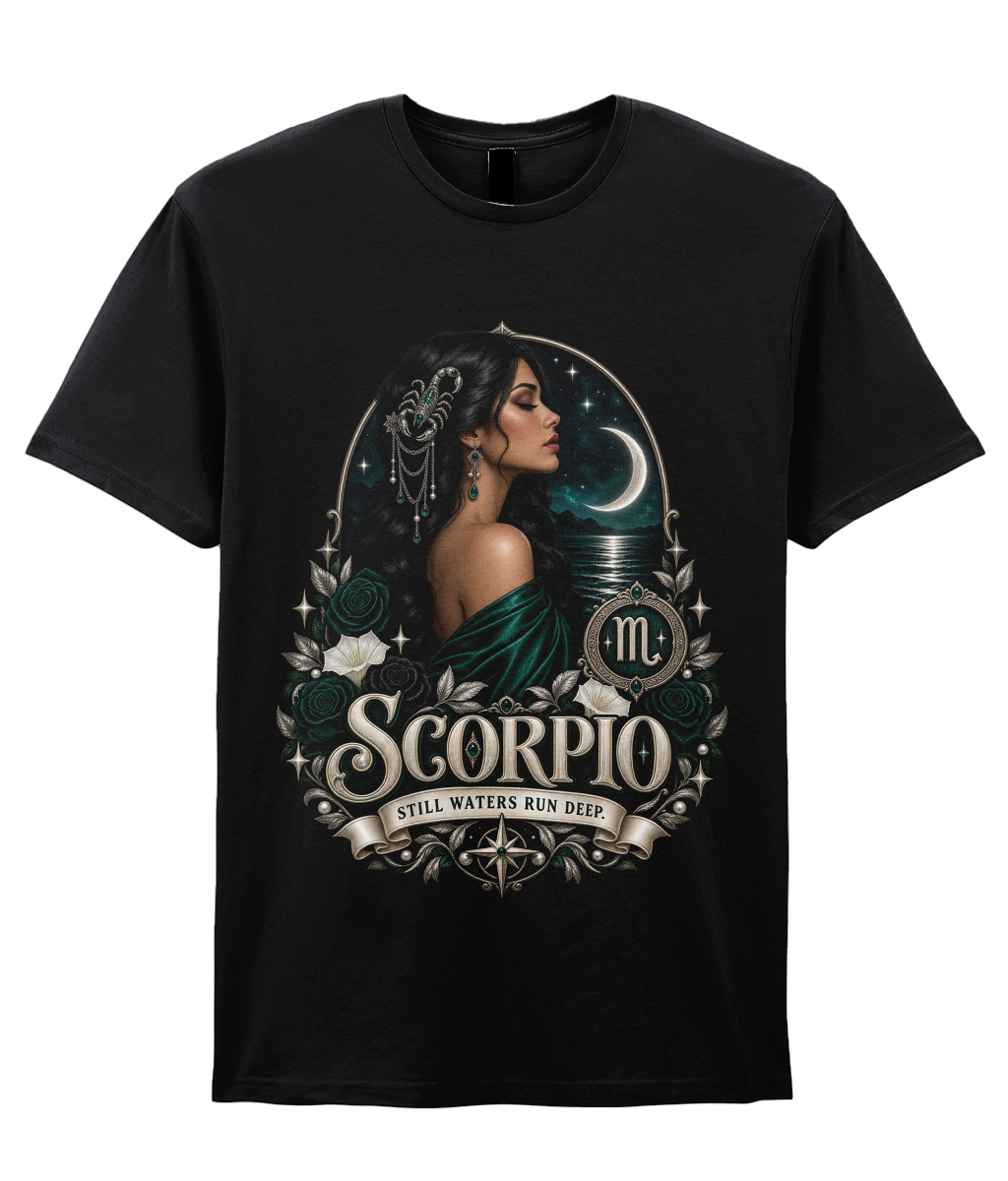 Scorpio Still Waters Run Deep Women's T-Shirt in Black – front view