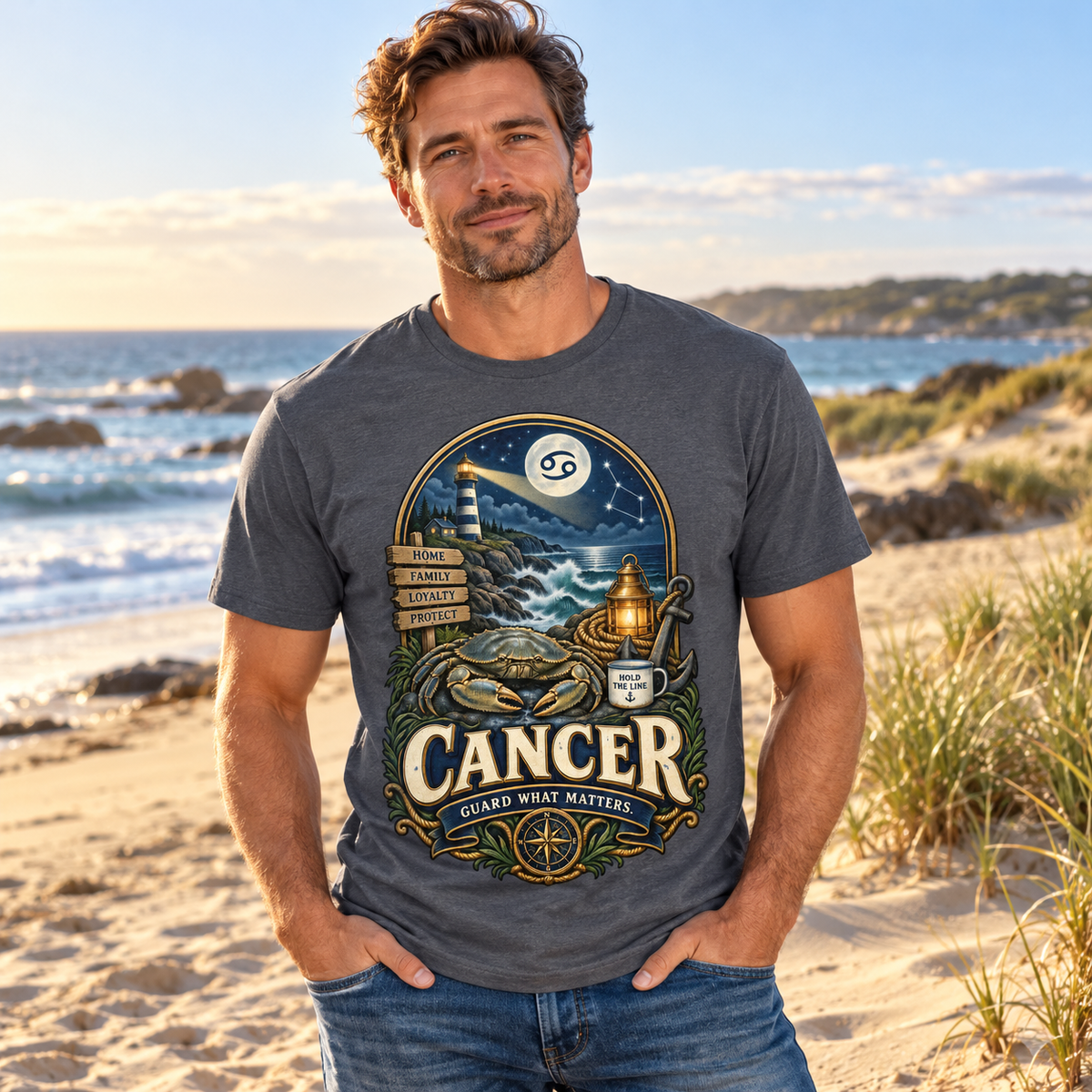 Cancer Guard What Matters Men's T-Shirt in Dark Heather, model on a beautiful sandy beach with sea and dunes
