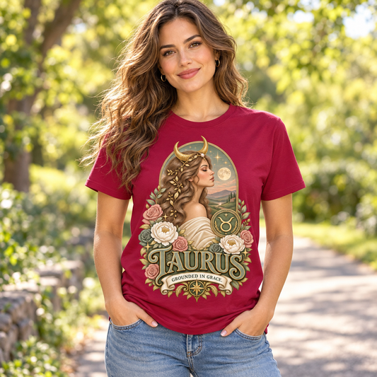 Taurus Grounded in Grace Women's T-Shirt – Dark in Antique Cherry, model on an outdoor woodland path