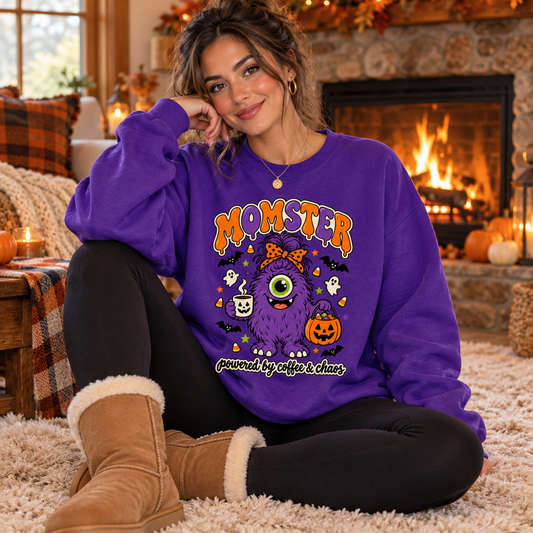 Momster Women's Halloween Sweatshirt, lifestyle model in a cosy cottage indoors by fireplace.