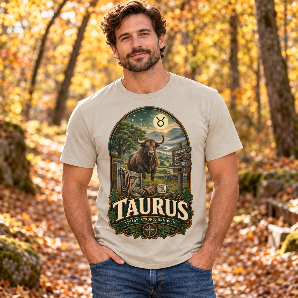 Taurus Steady Strong Unmoved Men's T-Shirt in Sand, model on an autumn woodland path with golden foliage
