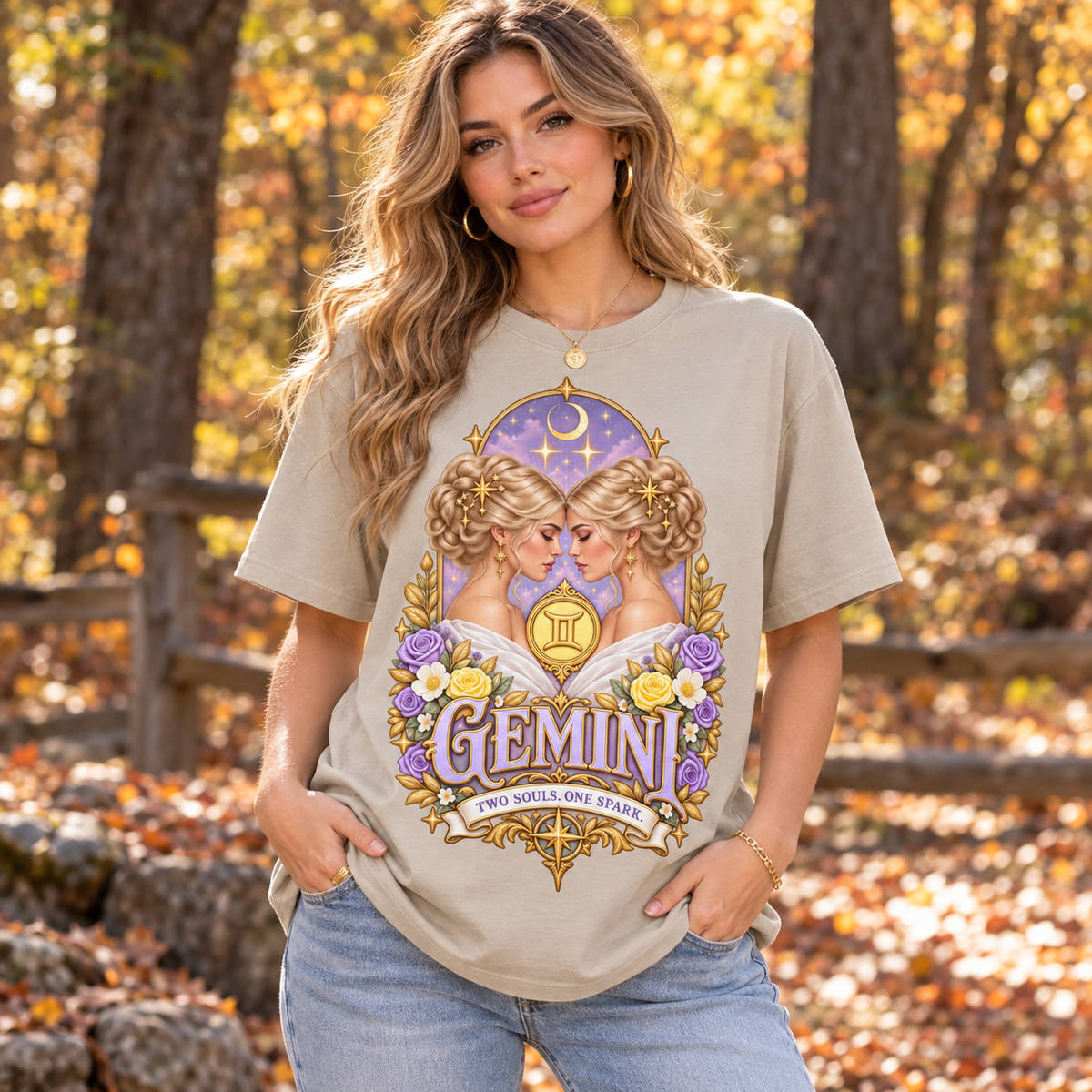 Gemini Two Souls One Spark Women's T-Shirt – Light in Sand, model outdoors in an autumn woodland park