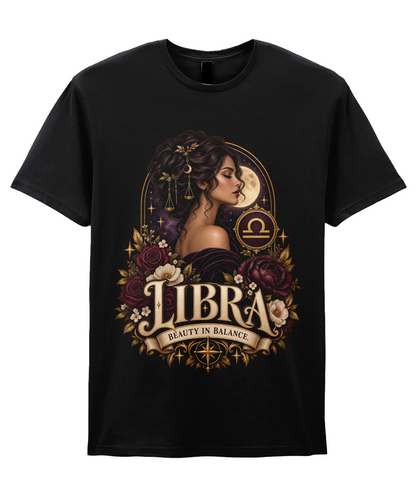 Libra Beauty in Balance Women's T-Shirt – Burgundy in Black – front view
