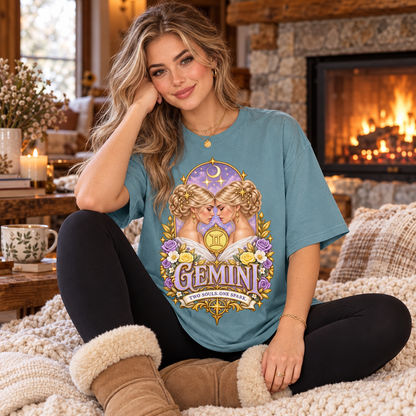 Gemini Two Souls One Spark Women's T-Shirt – Light in Stone Blue, model inside a cosy cottage seated beside a fireplace