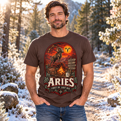 Aries First In Last Out Men's T-Shirt, model wearing the original design in a sunny frosty woodland path outdoors.
