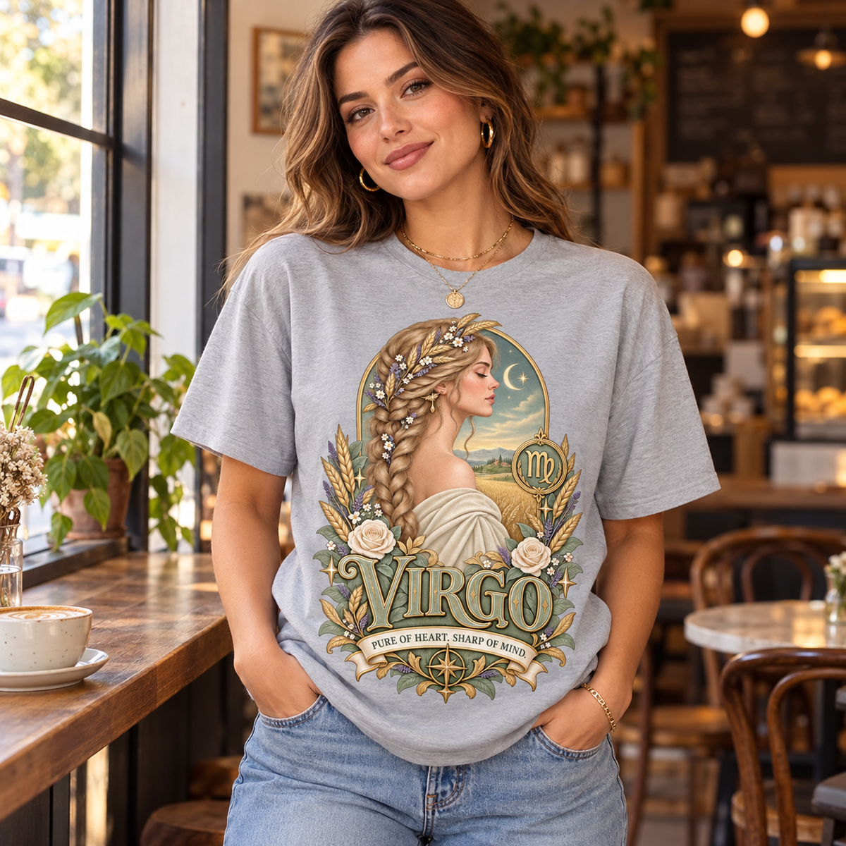 Virgo Pure of Heart Women's T-Shirt – Light in Sports Grey, model inside a stylish warm independent cafe beside a window