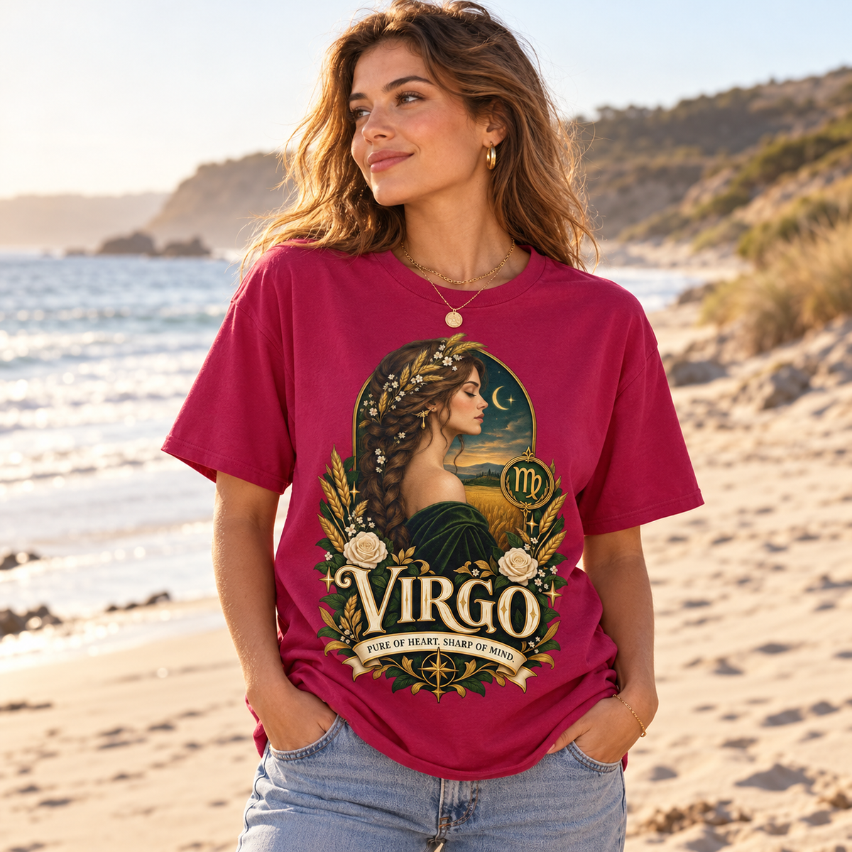 Virgo Pure of Heart Women's T-Shirt – Dark in Antique Cherry, model on a sandy beach