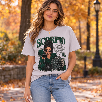 Scorpio Sweet Until Provoked Women's T-Shirt – Dark in Ice Grey, model outdoors in an autumn park