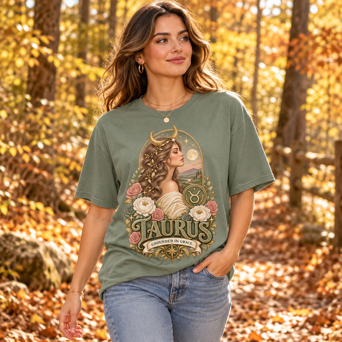 Taurus Grounded in Grace Women's T-Shirt – Light in Sage, woman on a golden autumn woodland path