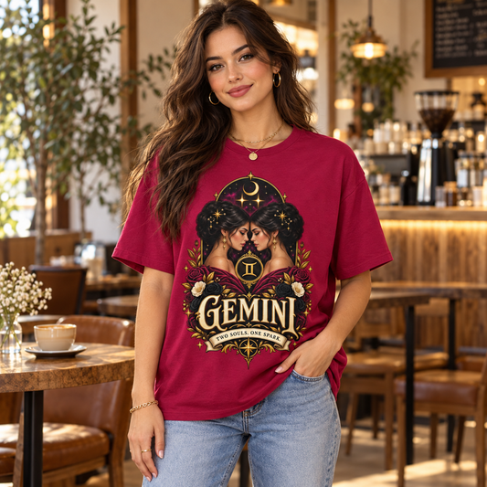 Gemini Two Souls One Spark Women's T-Shirt – Dark in Cardinal Red, model indoors in a stylish warm coffee shop