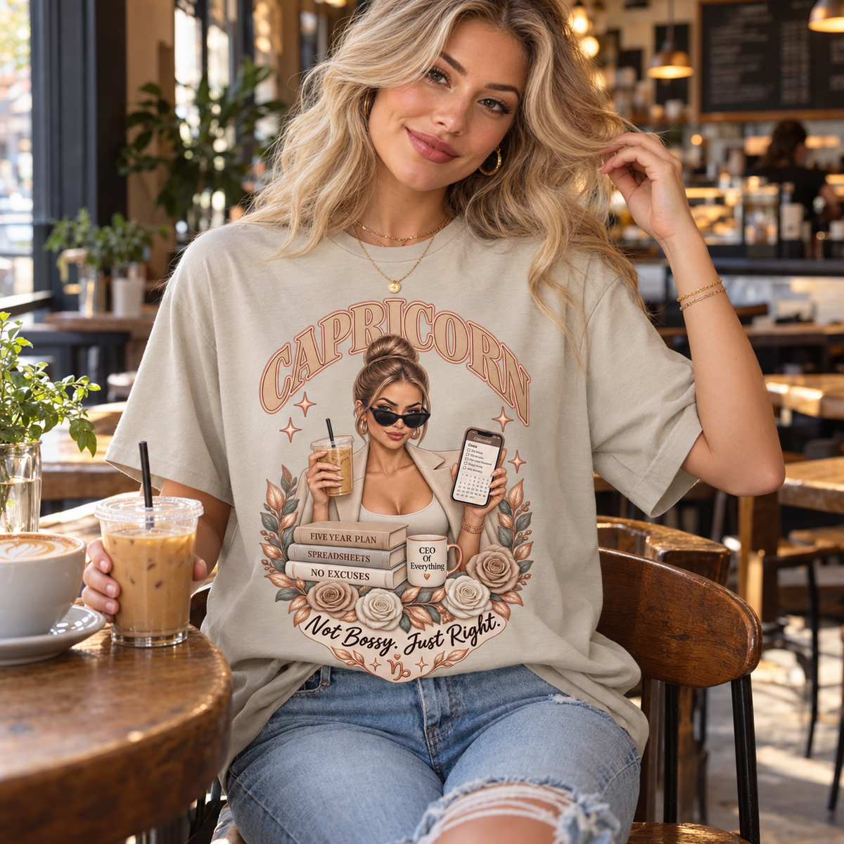 Capricorn Not Bossy Just Right Women's T-Shirt – Light in Sand, model inside a stylish warm coffee shop with window light