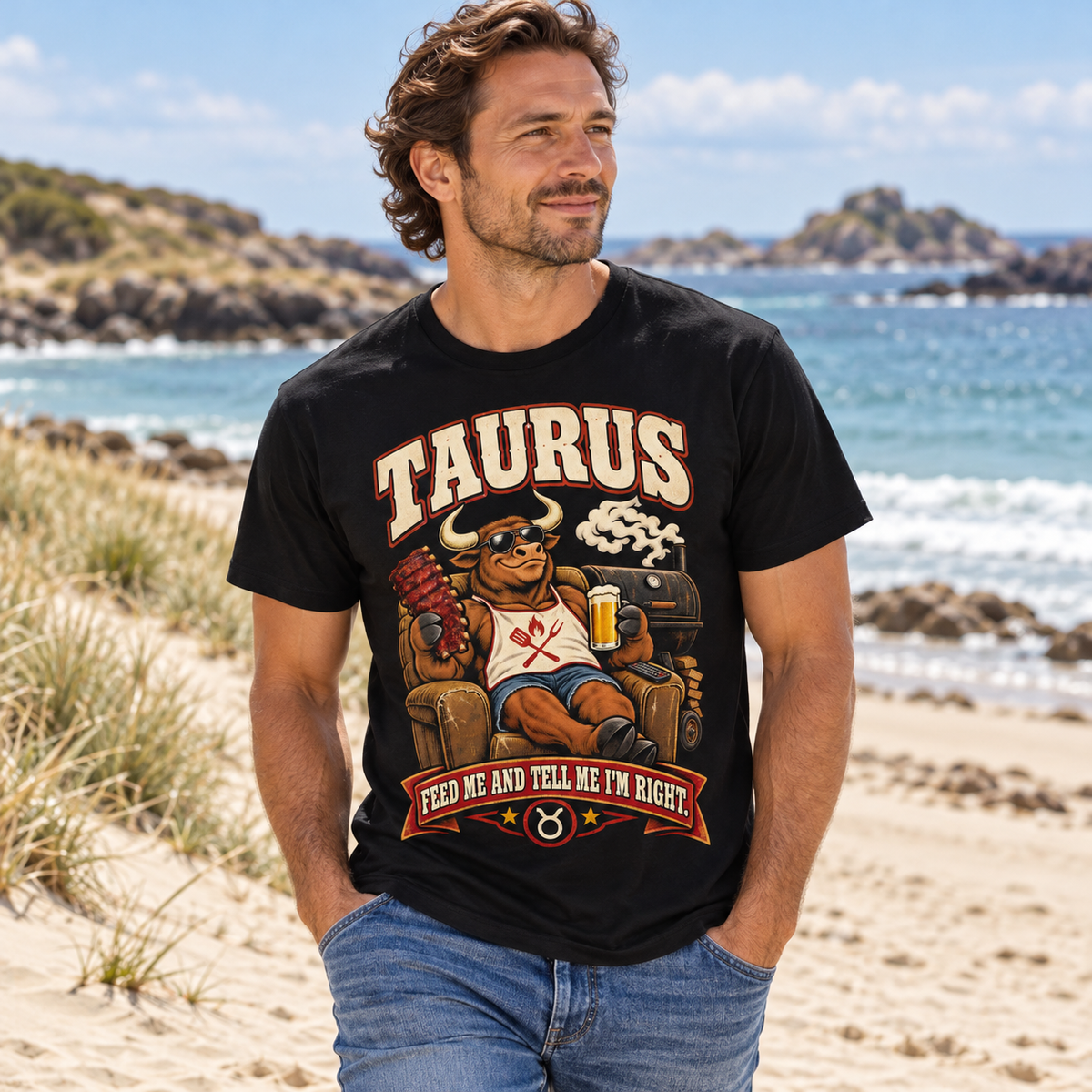 Taurus Feed Me and Tell Me I'm Right Men's T-Shirt in Black, model walking on a sandy Channel Islands beach with dunes and sea
