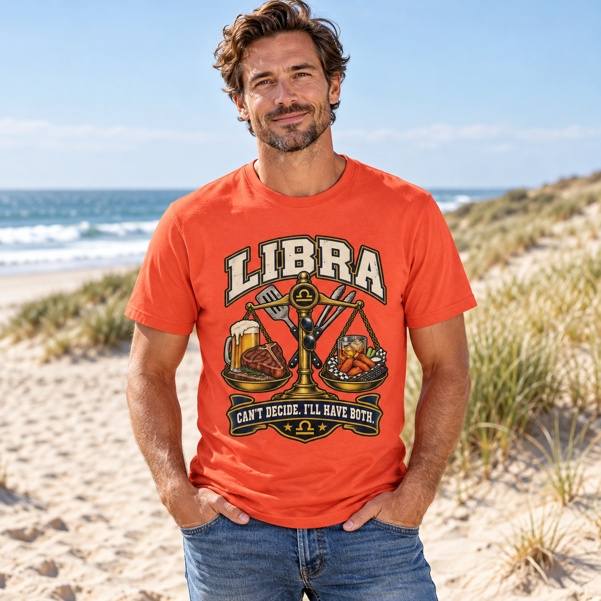Libra Can't Decide I'll Have Both Men's T-Shirt in Orange, model at a sandy beach with sea and dunes