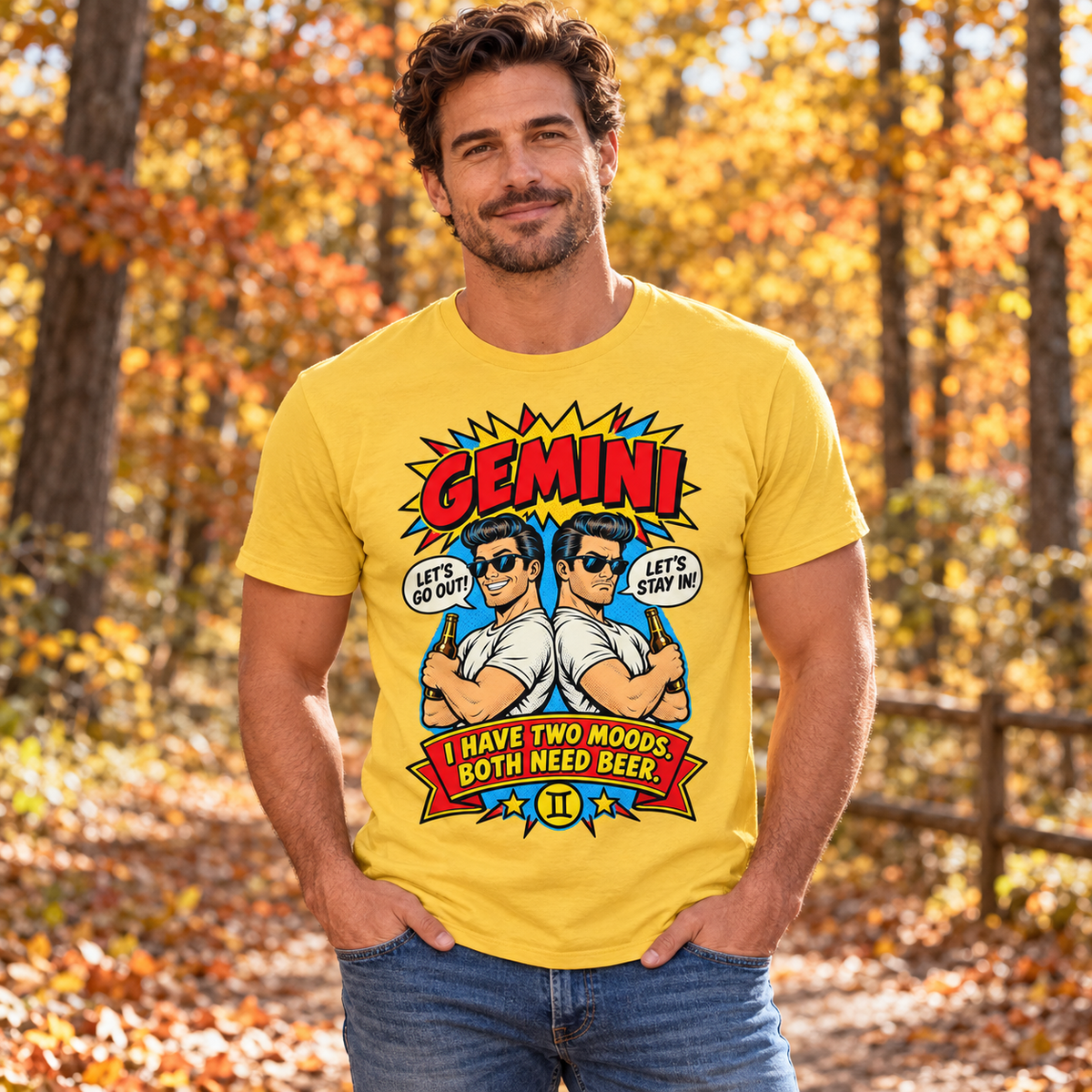 Gemini Two Moods Both Need Beer Men's T-Shirt in Daisy, model outdoors in an autumn woodland park