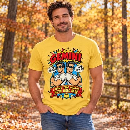 Gemini Two Moods Both Need Beer Men's T-Shirt in Daisy, model outdoors in an autumn woodland park