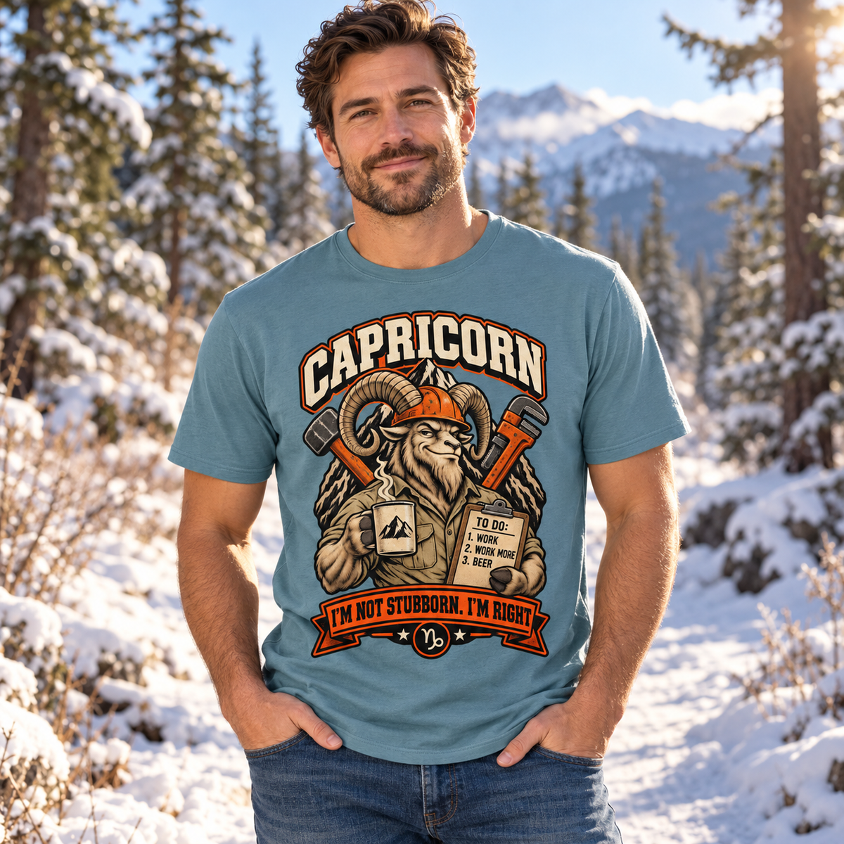 Capricorn I'm Not Stubborn I'm Right Men's T-Shirt in Stone Blue, model outside on a frosty woodland path in crisp winter sunlight