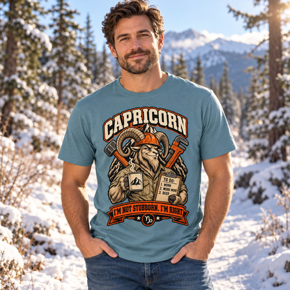 Capricorn I'm Not Stubborn I'm Right Men's T-Shirt in Stone Blue, model outside on a frosty woodland path in crisp winter sunlight