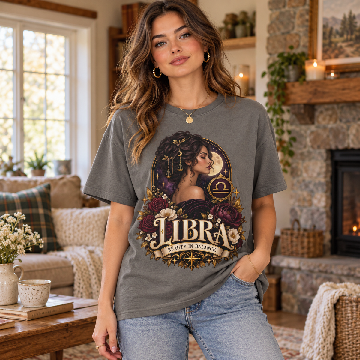 Libra Beauty in Balance Women's T-Shirt – Dark in Charcoal, model inside a cosy cottage living room