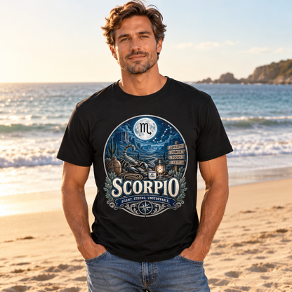 Scorpio Silent Strong Unstoppable Men's T-Shirt in Black, model on a quiet sandy beach with sea behind