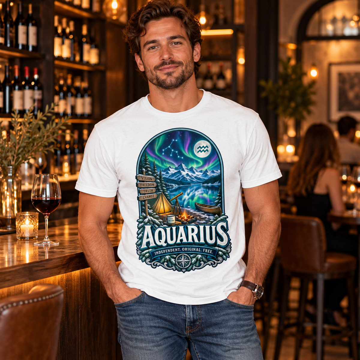 Aquarius Independent Original Free Men's T-Shirt, model wearing the original design in a classy wine bar indoors.