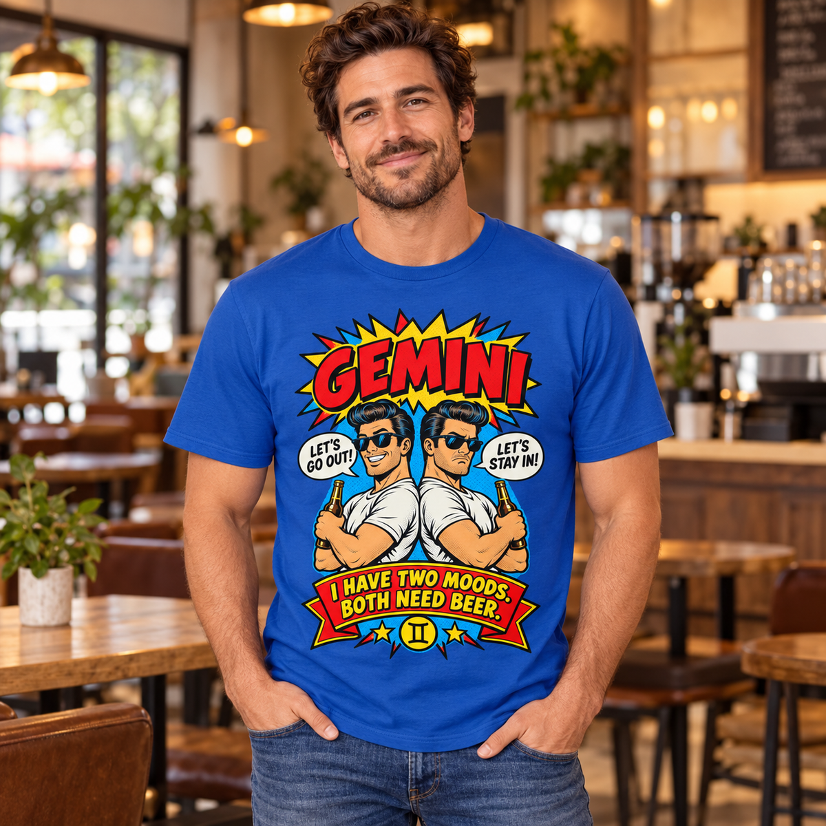 Gemini Two Moods Both Need Beer Men's T-Shirt in Royal Blue, model indoors in a stylish warm coffee shop