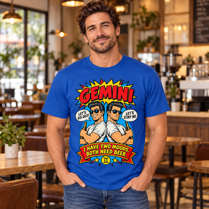 Gemini Two Moods Both Need Beer Men's T-Shirt in Royal Blue, model indoors in a stylish warm coffee shop