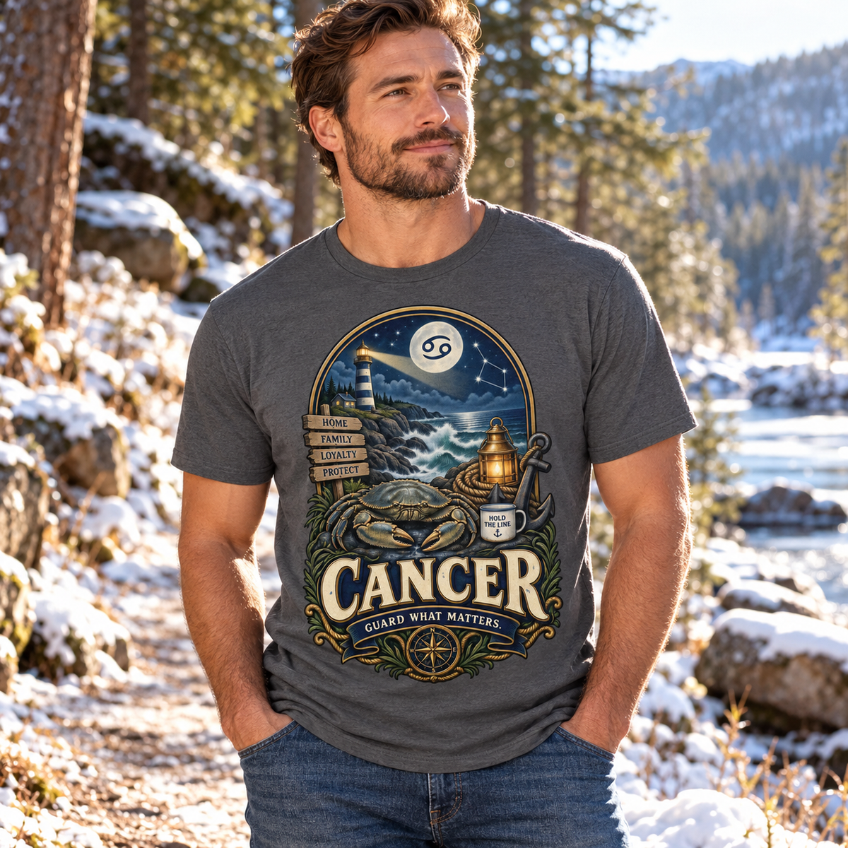 Cancer Guard What Matters Men's T-Shirt in Graphite Heather, model outside on a frosty woodland path in crisp winter sunlight