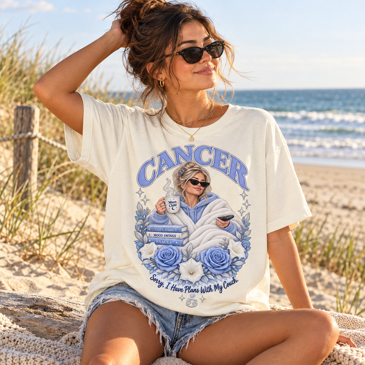 Cancer Plans with My Couch Women's T-Shirt – Light in Off White, model on a beautiful sandy beach with sea and dunes