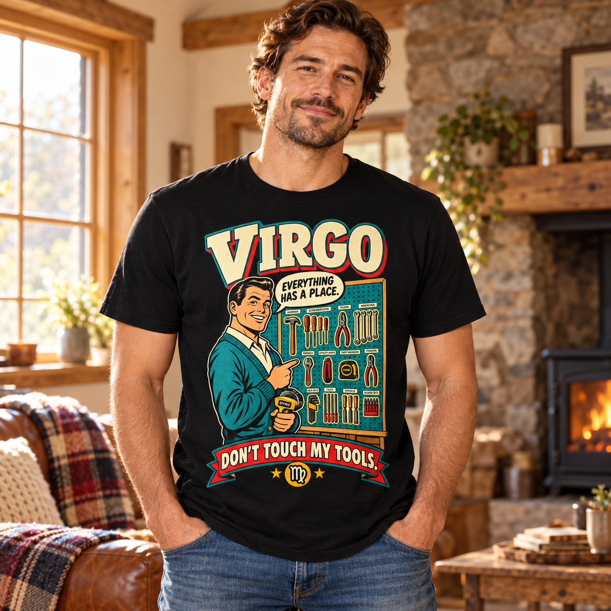 Virgo Don't Touch My Tools Men's T-Shirt in Black, model inside a cosy cottage