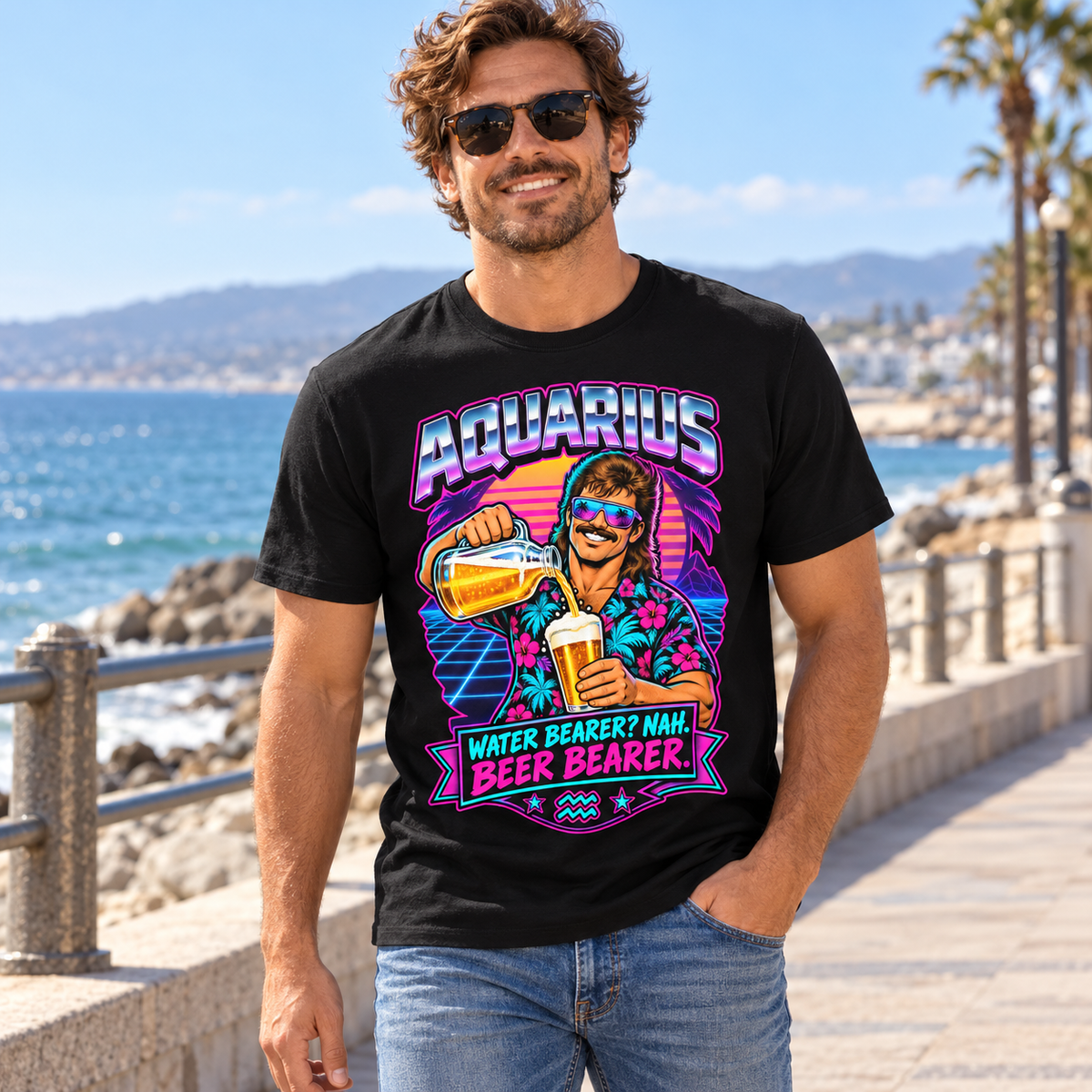 Aquarius Water Bearer? Nah. Beer Bearer Men's T-Shirt, model wearing the original design in a seaside promenade outdoors.