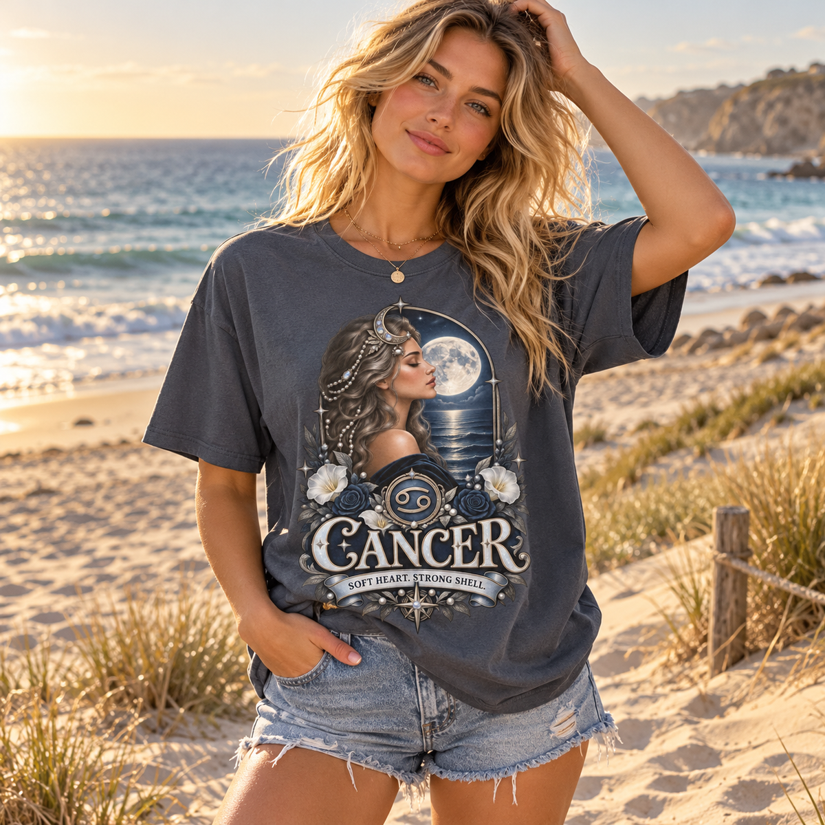 Cancer Soft Heart Strong Shell Women's T-Shirt – Dark in Dark Heather, model on a beautiful sandy beach with sea and dunes
