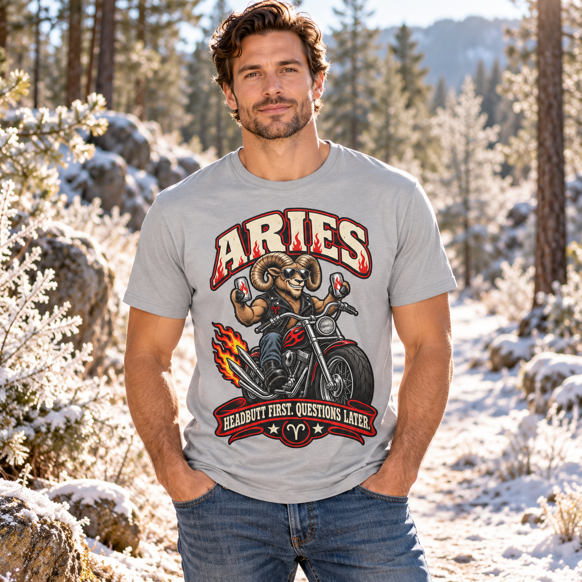 Aries Headbutt First Questions Later Men's T-Shirt, model wearing the original design in a sunny frosty woodland path outdoors.