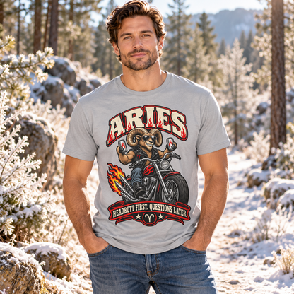 Aries Headbutt First Questions Later Men's T-Shirt, model wearing the original design in a sunny frosty woodland path outdoors.