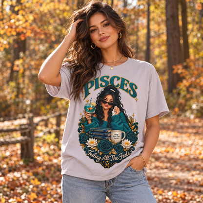 Pisces Feeling All the Feels Women's T-Shirt – Dark in Ice Grey, model outdoors in an autumn woodland park