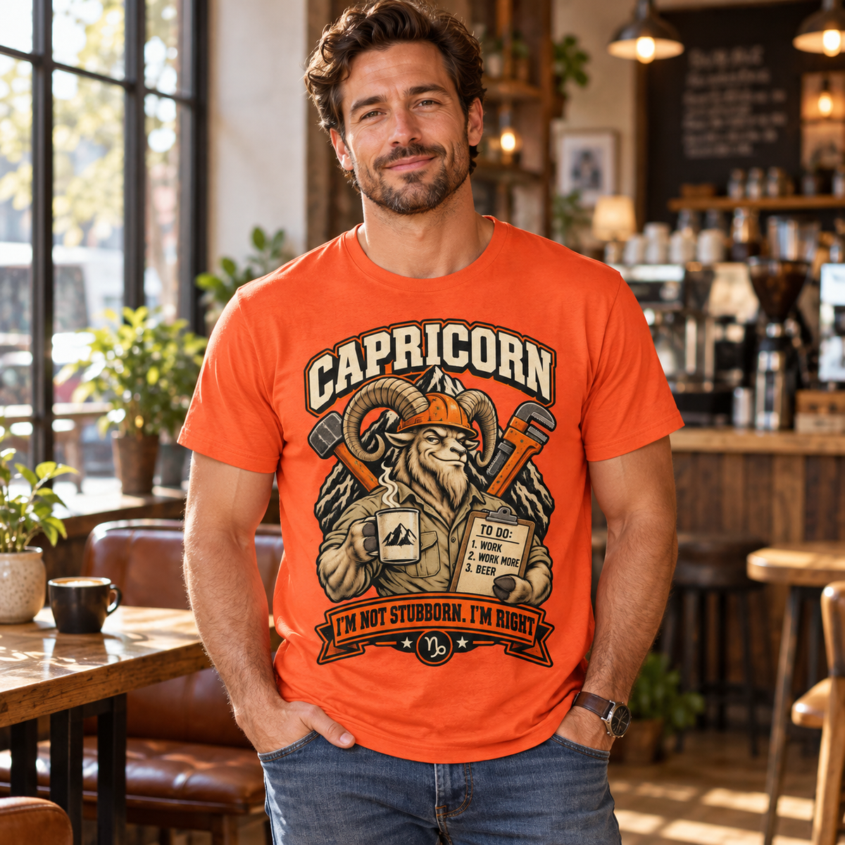 Capricorn I'm Not Stubborn I'm Right Men's T-Shirt in Orange, model inside a stylish warm coffee shop with window light
